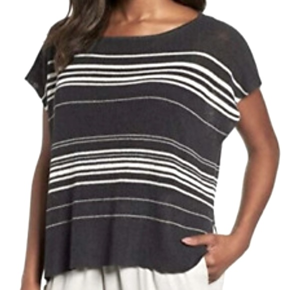 Eileen Fisher Organic Linen Knit Boxy Short Sleeve Poncho Striped Top Graphite/… - Picture 2 of 10